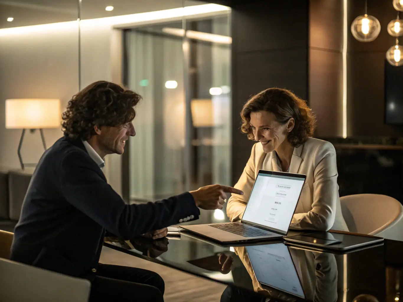 An image depicting a business coach in a modern office setting, guiding a client through a strategic planning session. The scene should convey professionalism, trust, and a focus on achieving tangible business results.