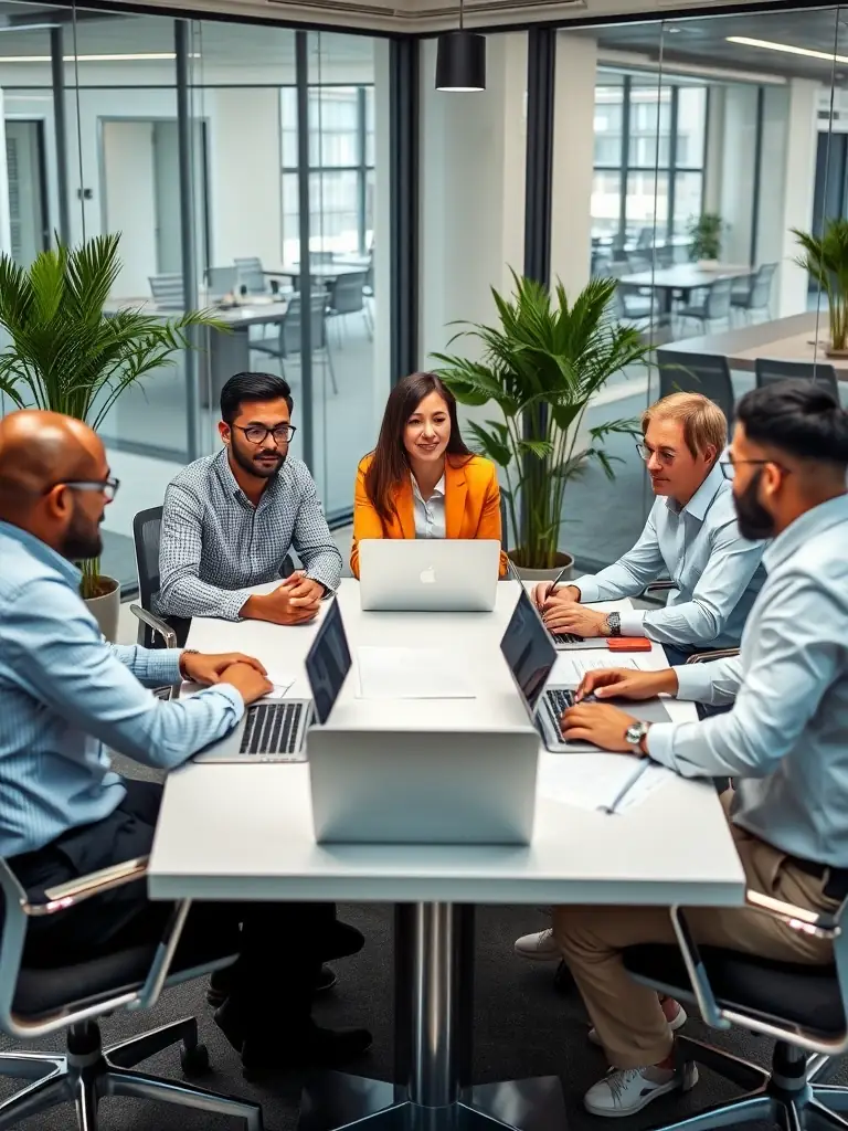 A diverse group of professionals collaborating around a table in a bright, modern office in Birmingham, signifying teamwork and innovation.