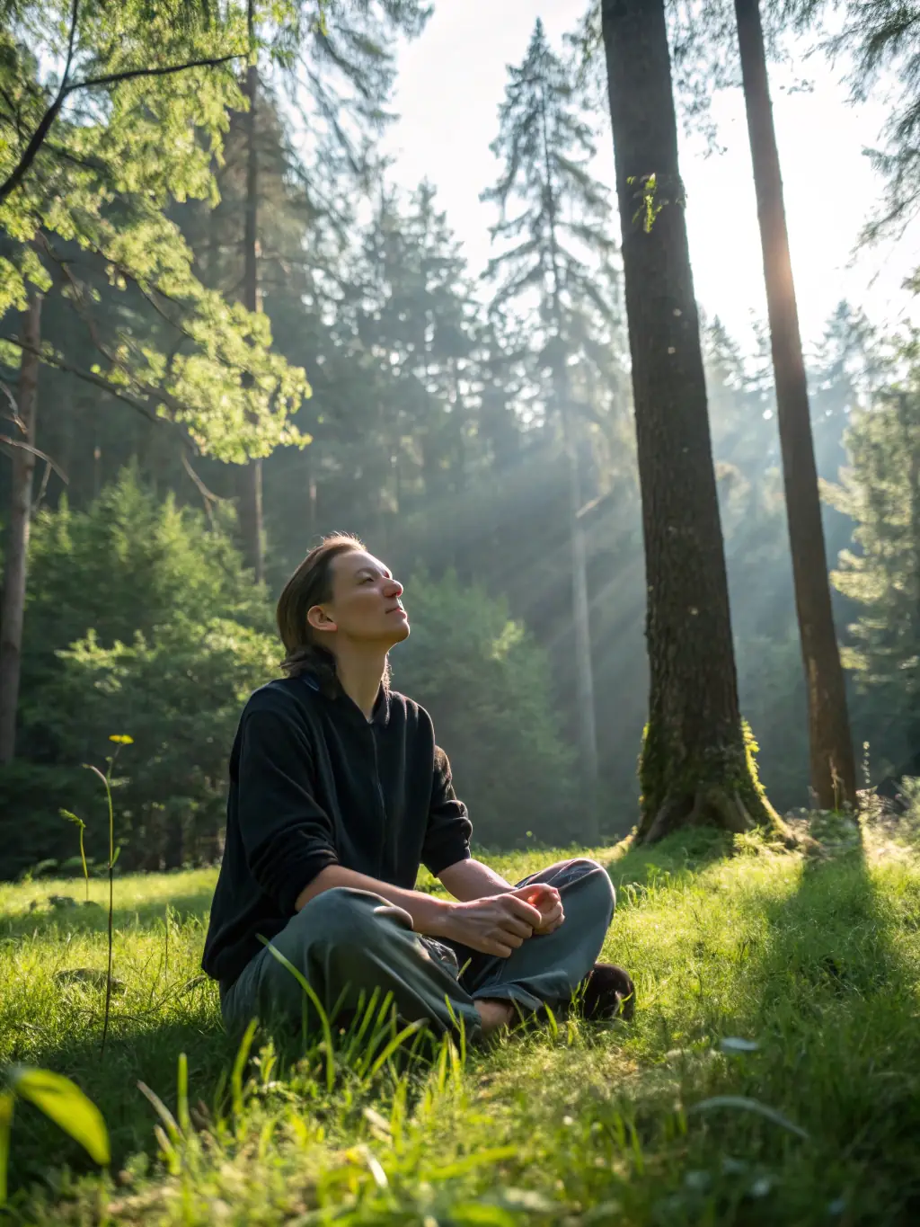 A serene individual practicing mindfulness in a park in Edinburgh, representing mental clarity and personal development.