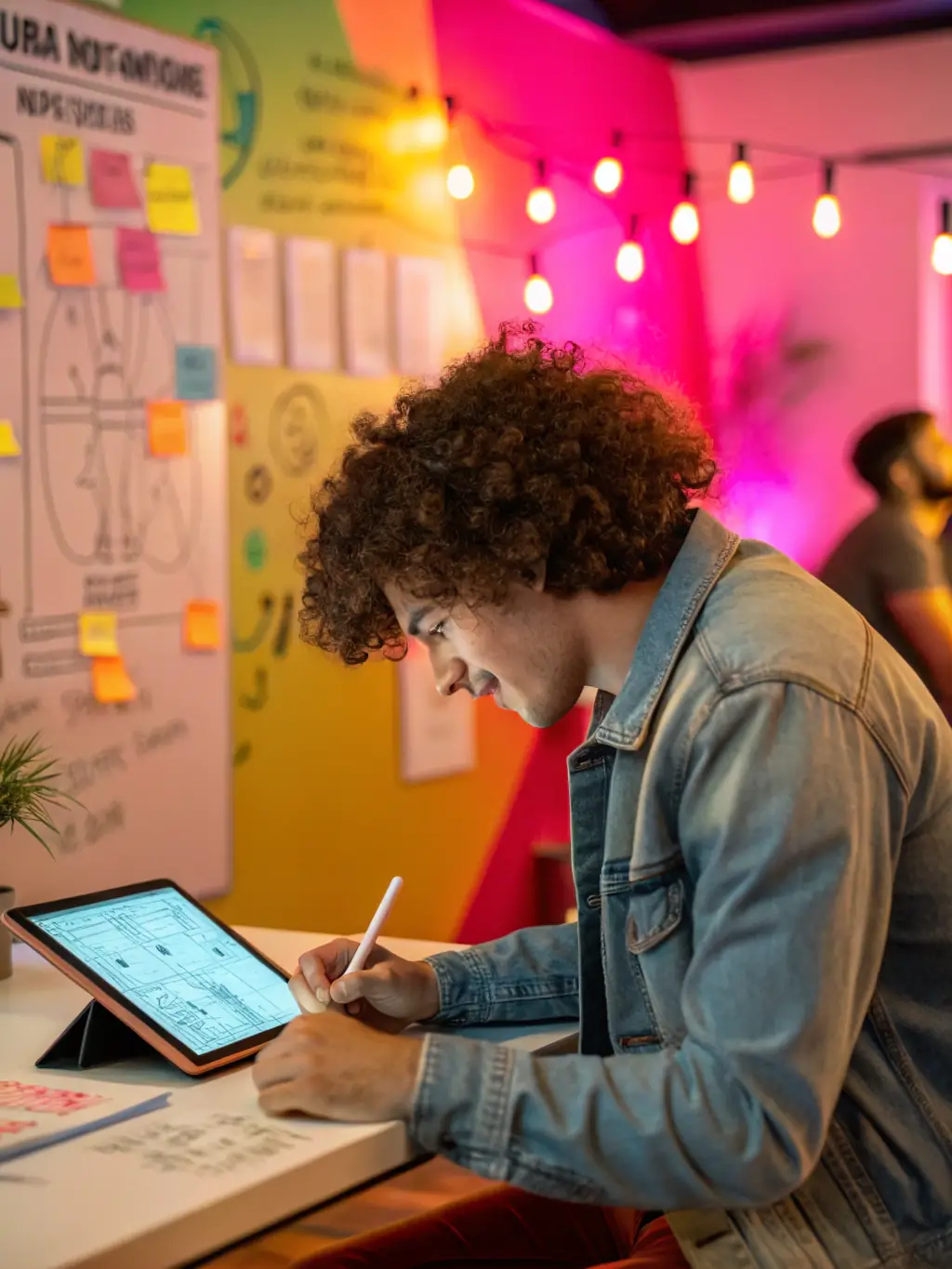 A focused entrepreneur working late in a co-working space in Manchester, illuminated by the glow of a laptop, representing dedication and business acumen.