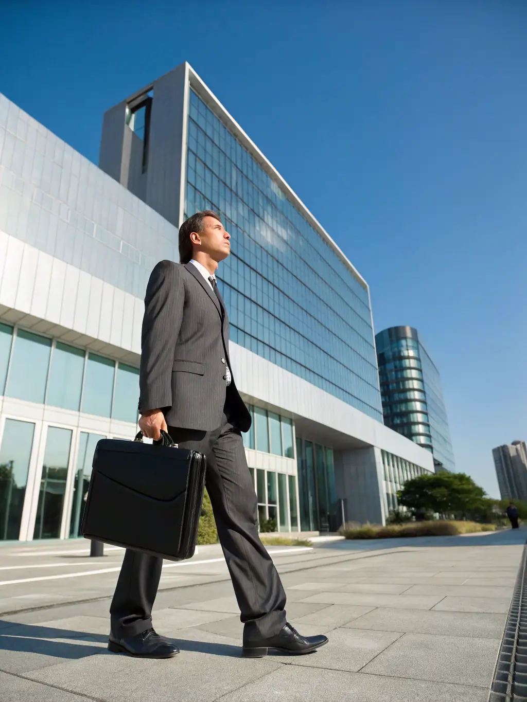 A determined business professional in a suit, confidently striding forward in a modern London office, symbolizing career advancement and strategic growth.